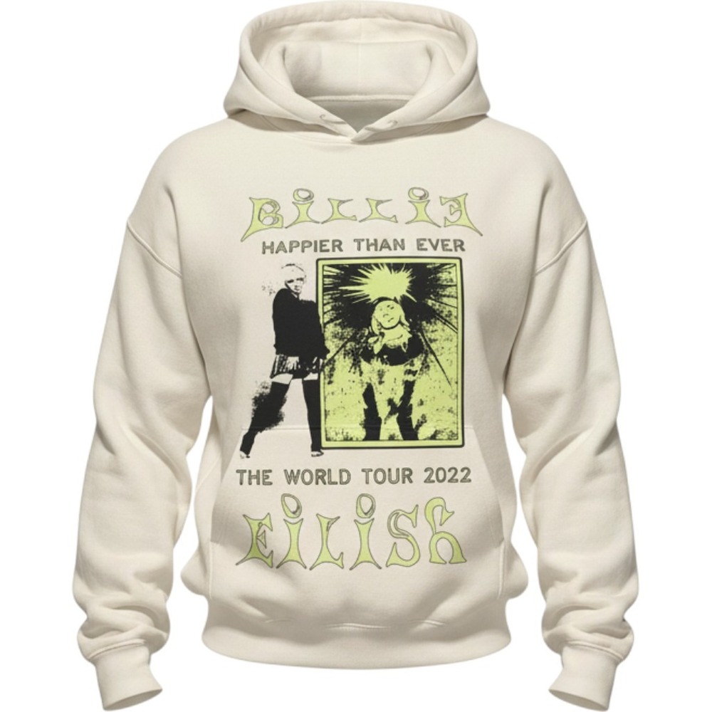 Billie Eilish Hoodie Happier Than Ever World Tour 2022 Medium Cream Cotton Y2K